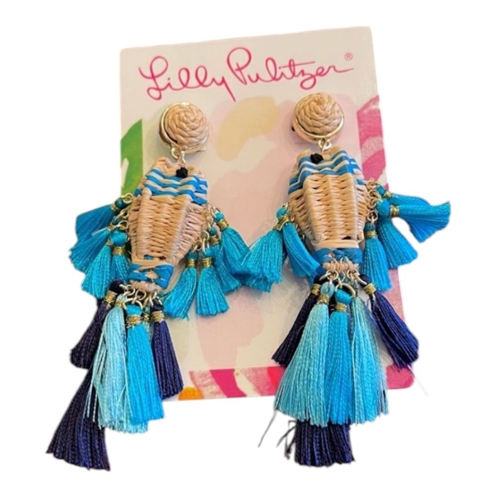 Lilly Pulitzer Fishy Kiss Raffia Womens Earrings Tassel Vacation Beach Statement
